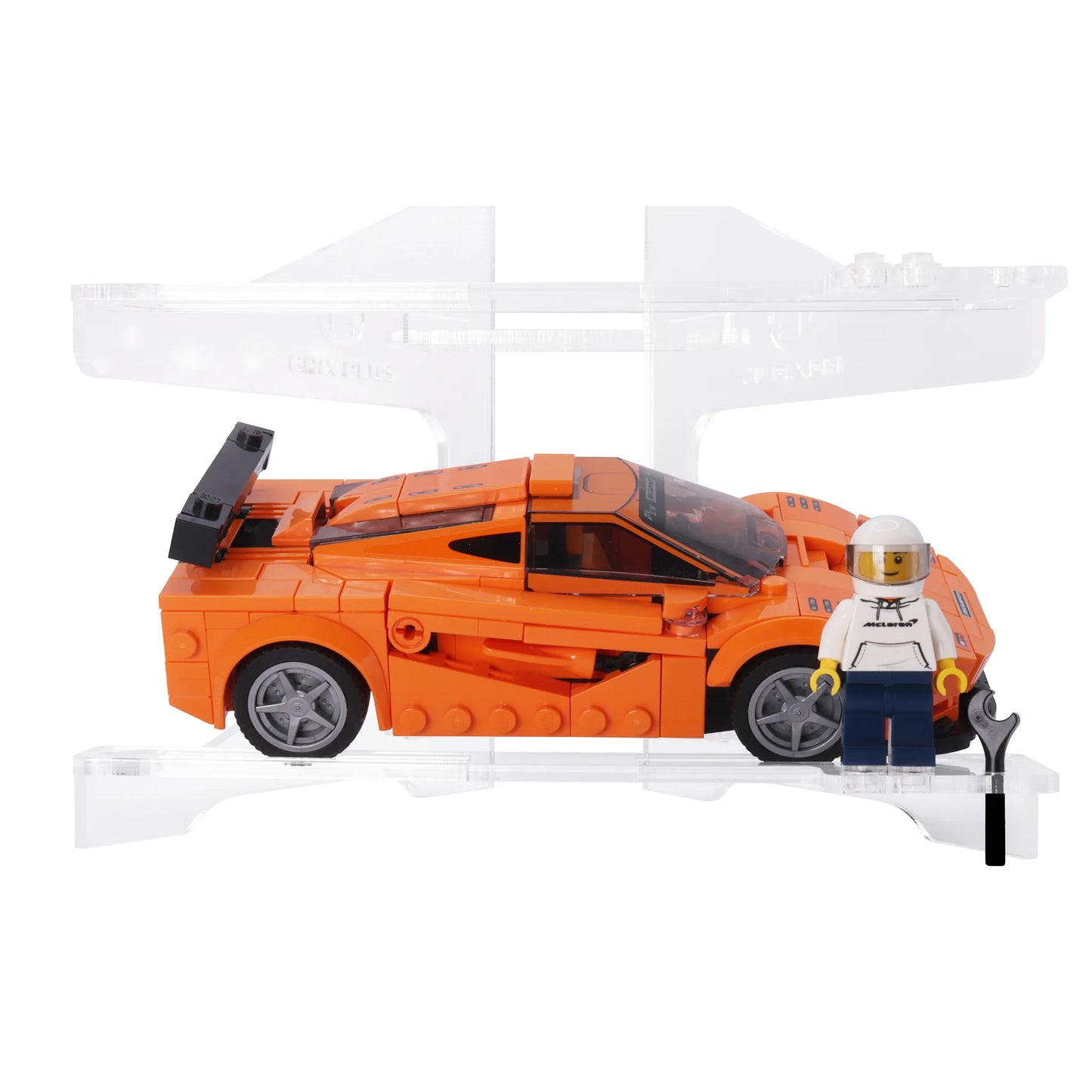 LEGO Speed Champions McLaren F1 LM with minifigure displayed on Brix Plus two-car acrylic display stand